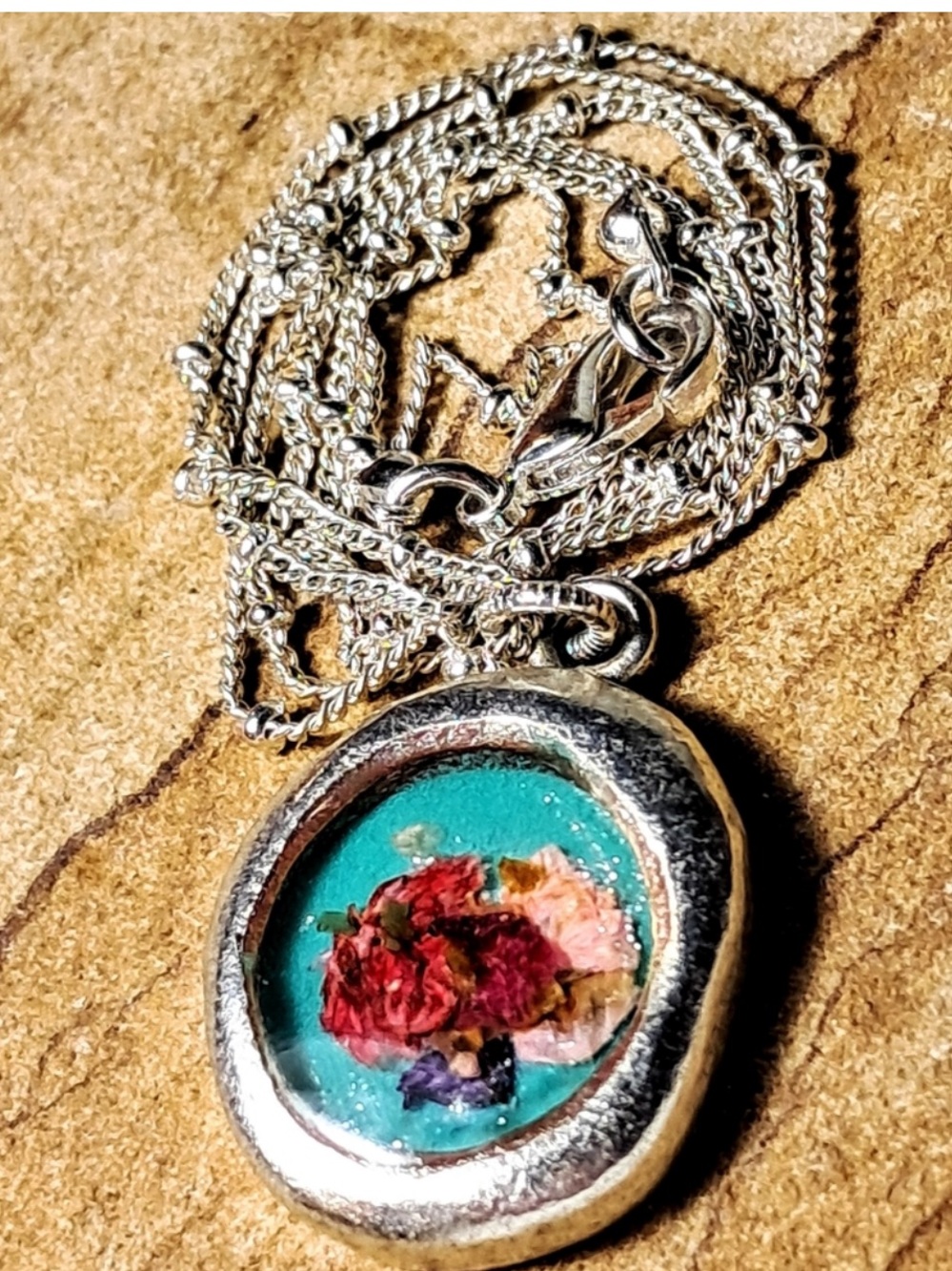 Artisan Silver Plated Pendant Necklace with Turquoise Resin and Pressed Flowers
